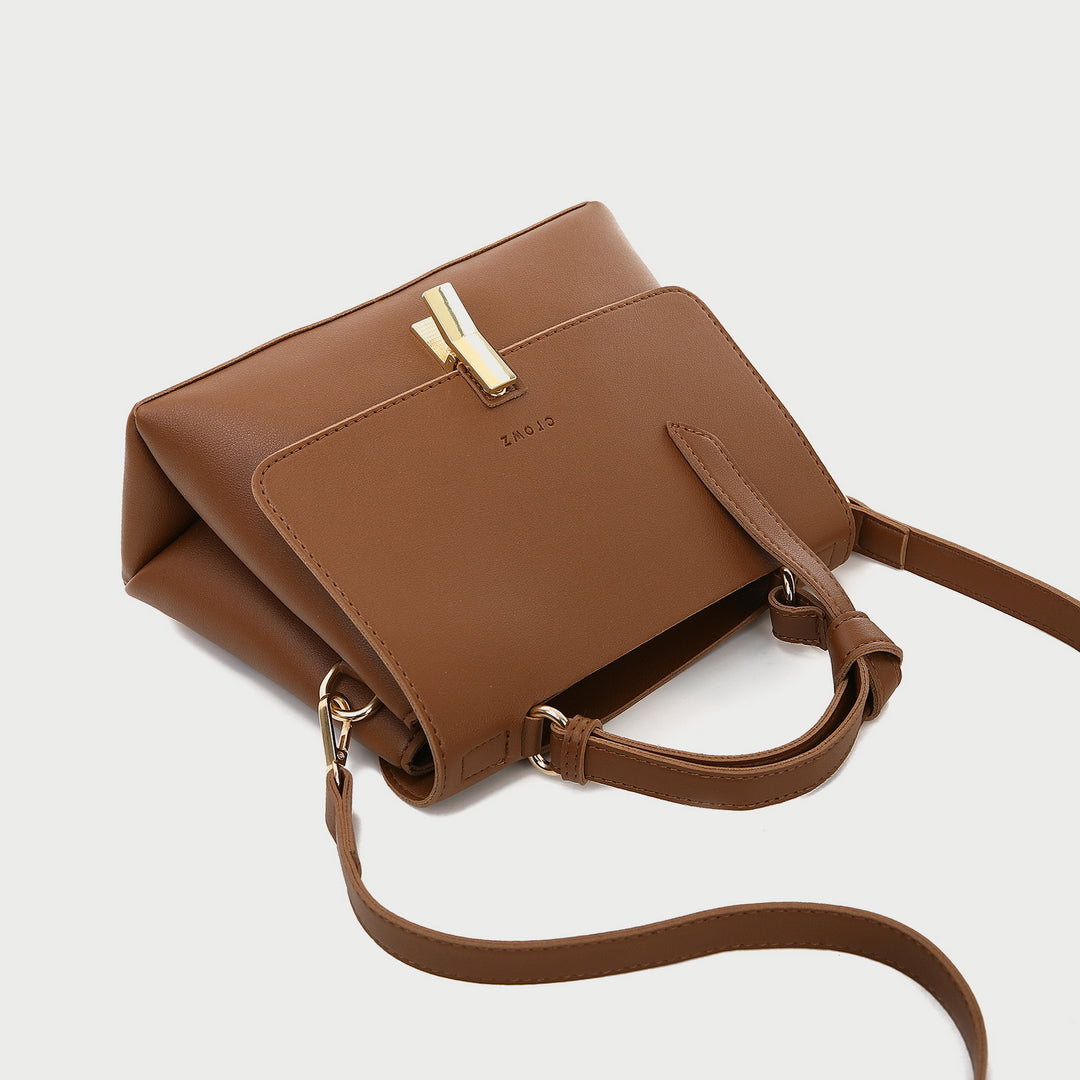 Metal clip lock open-top flap PU leather crossbody bag