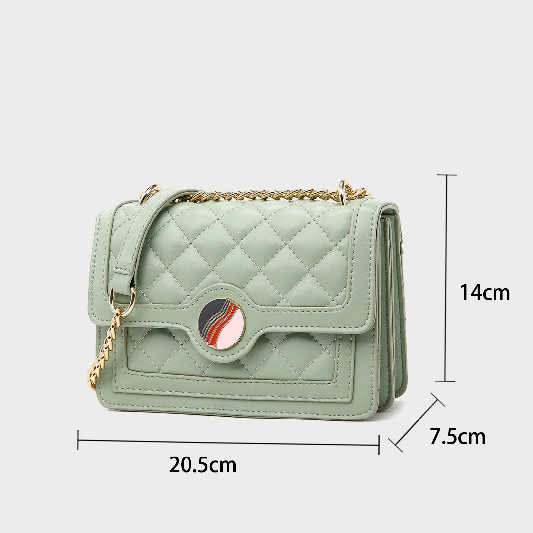 Colourblock disc embellished flap quilted PU leather crossbody bag