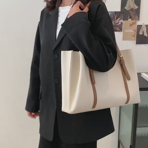 Buckle strap handle practical interior PU leather tote bag