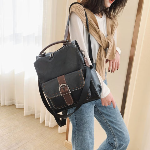 Retro buckle strap pocket functional PU leather backpack