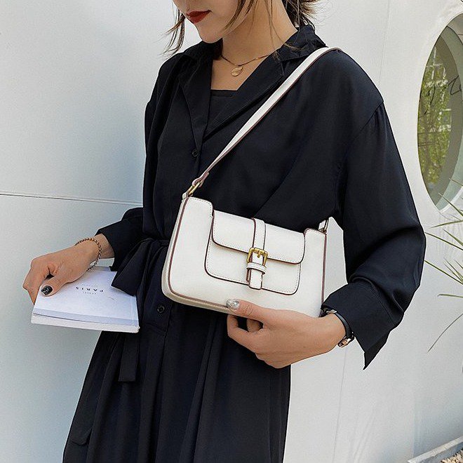 Buckle strap flap slim PU leather shoulder bag