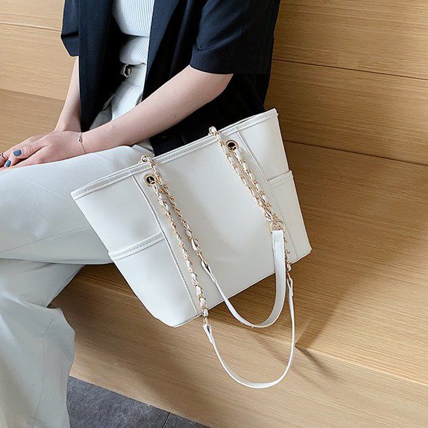 Chain handle side pocket soft PU leather Tote