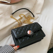 Colourblock disc embellished flap quilted PU leather crossbody bag