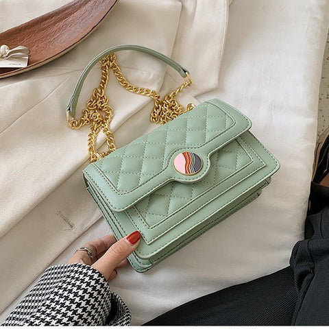 Colourblock disc embellished flap quilted PU leather crossbody bag