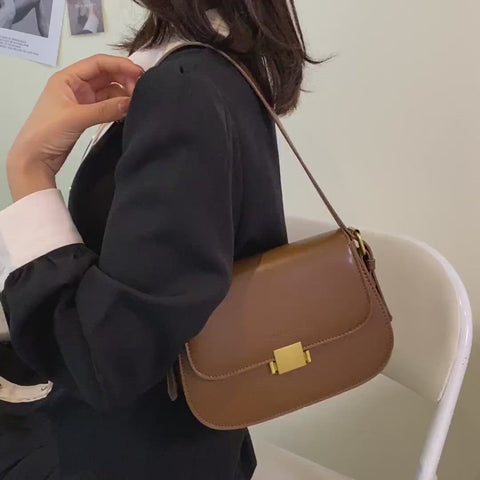 Metal square press lock minimalist saddle style PU leather shoulder bag