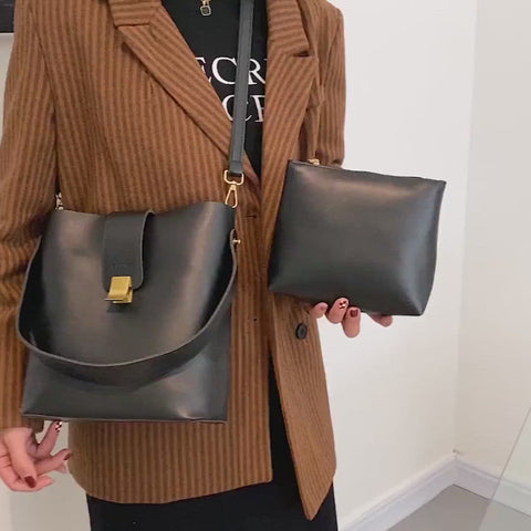 Metal clasp closure strap PU leather bucket bag (2-in-1 set)