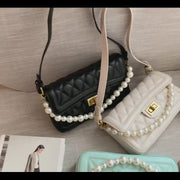 Faux pearl handle turn-lock quilted PU leather shoulder bag