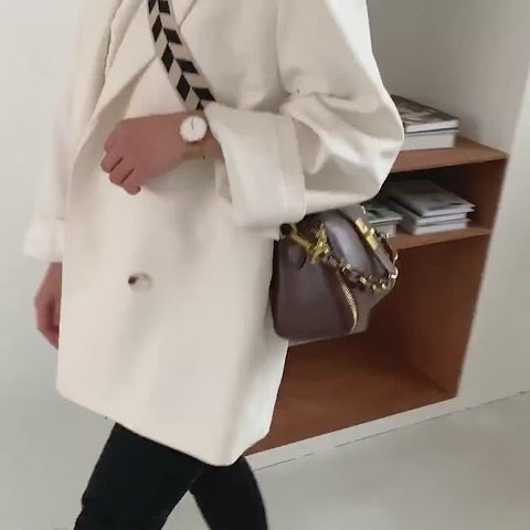 Chain handle patterned strap two-compartment PU leather crossbody bag