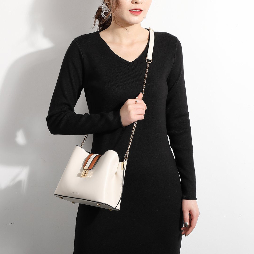 Striped strap PU leather bucket bag