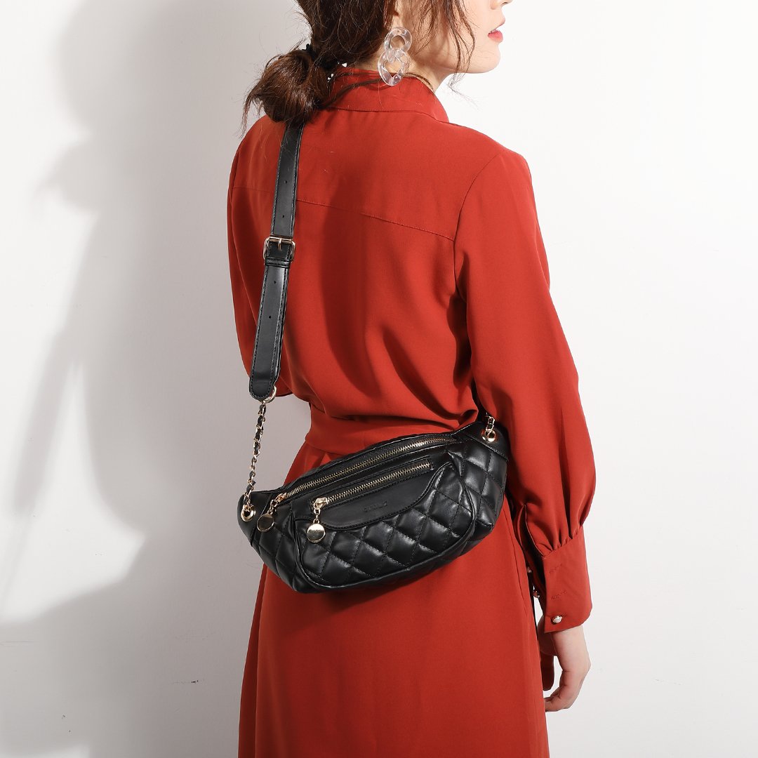 Double zip quilted PU leather bum bag