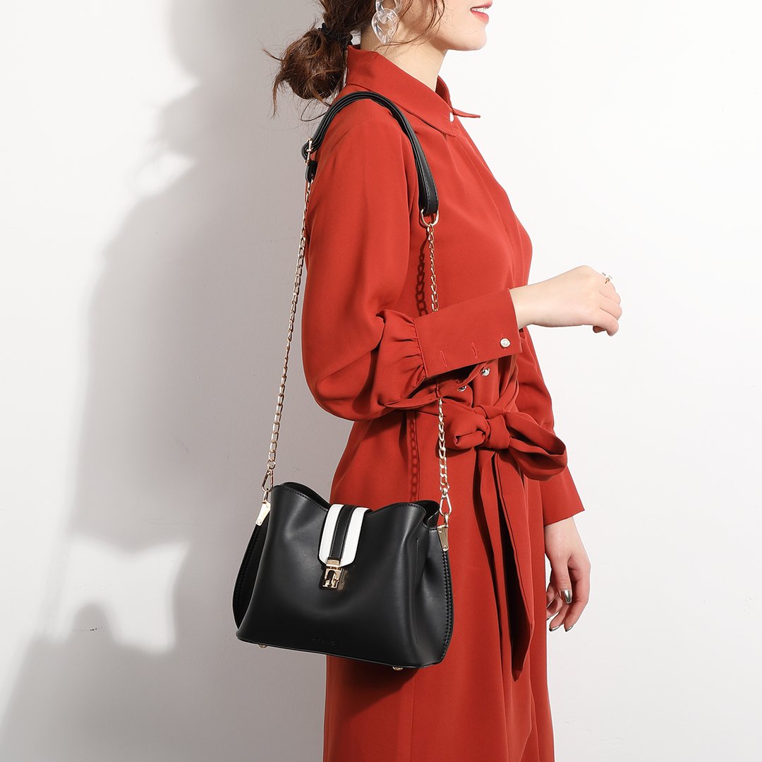 Striped strap PU leather bucket bag
