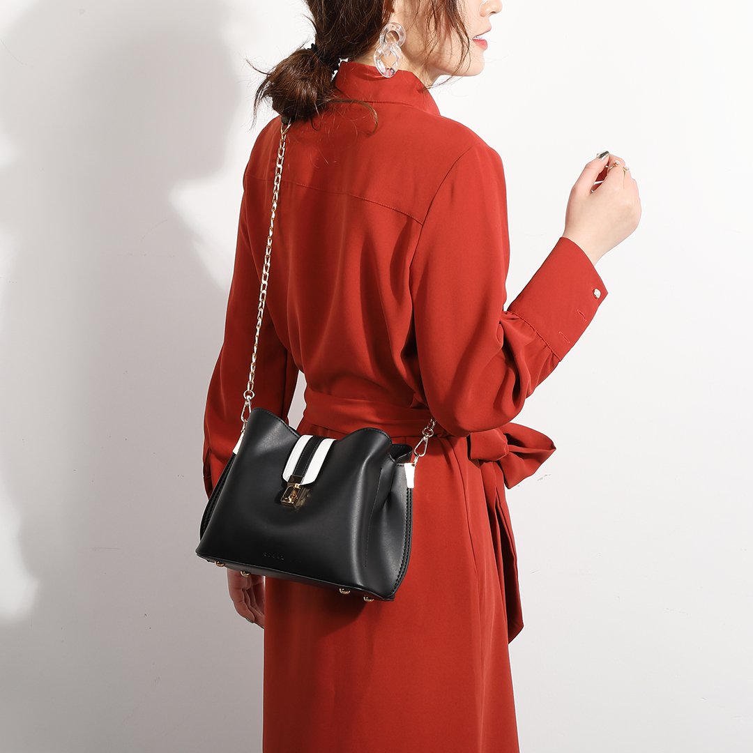 Striped strap PU leather bucket bag