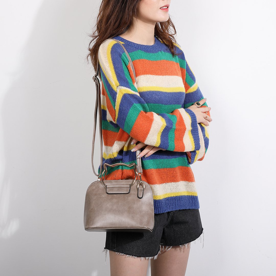 Cat-shaped metal handle PU leather crossbody bag