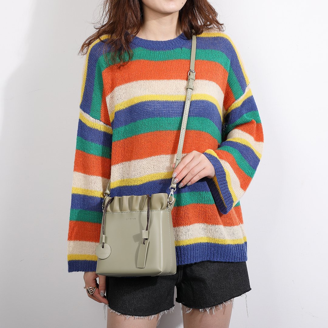 Ruffled top PU leather bucket bag