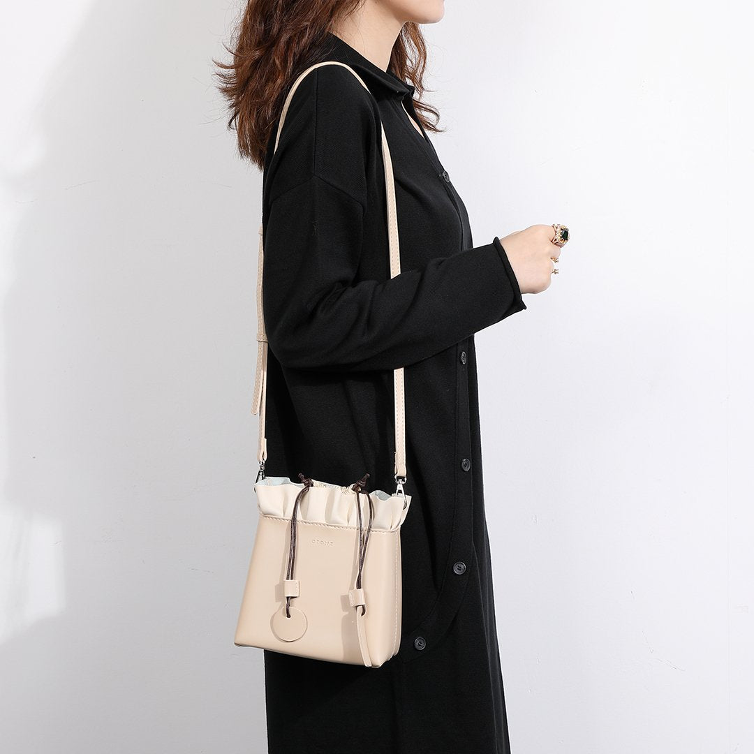 Ruffled top PU leather bucket bag