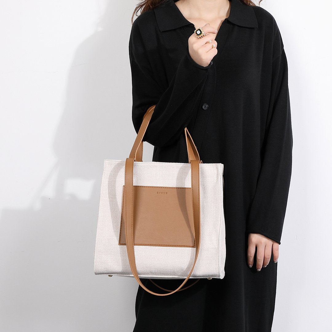PU leather front pocket canvas tote