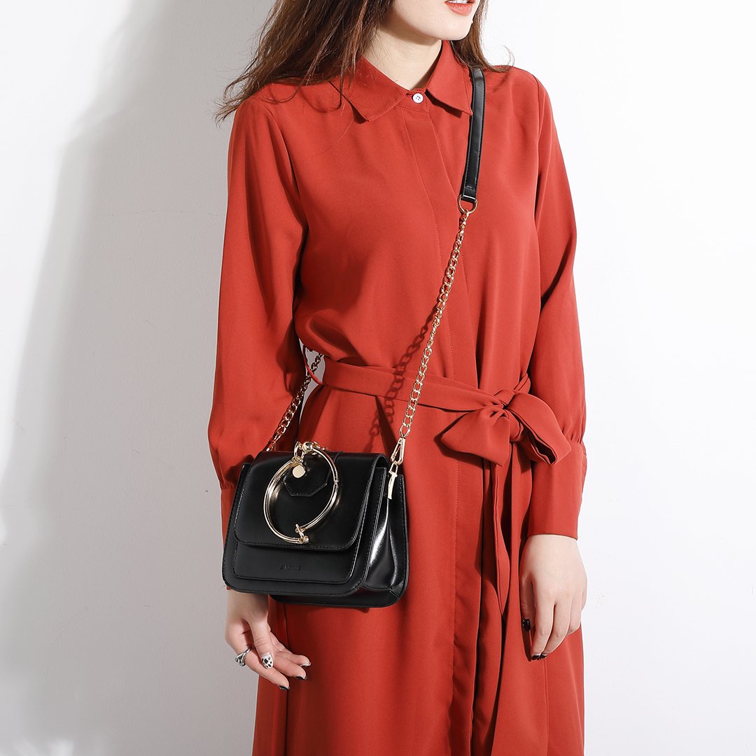 Ring handle dual compartment PU leather crossbody bag