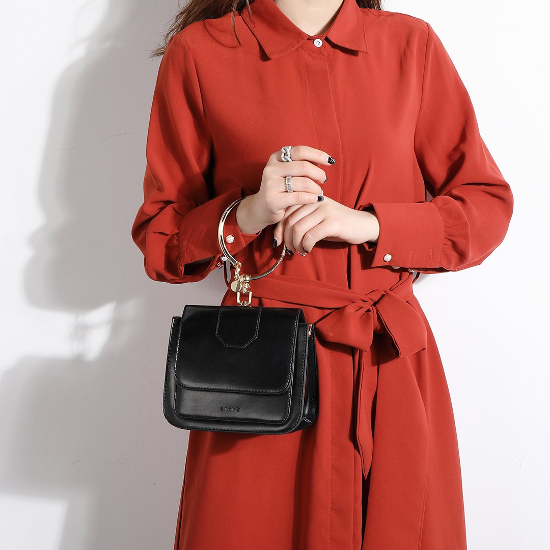 Ring handle dual compartment PU leather crossbody bag