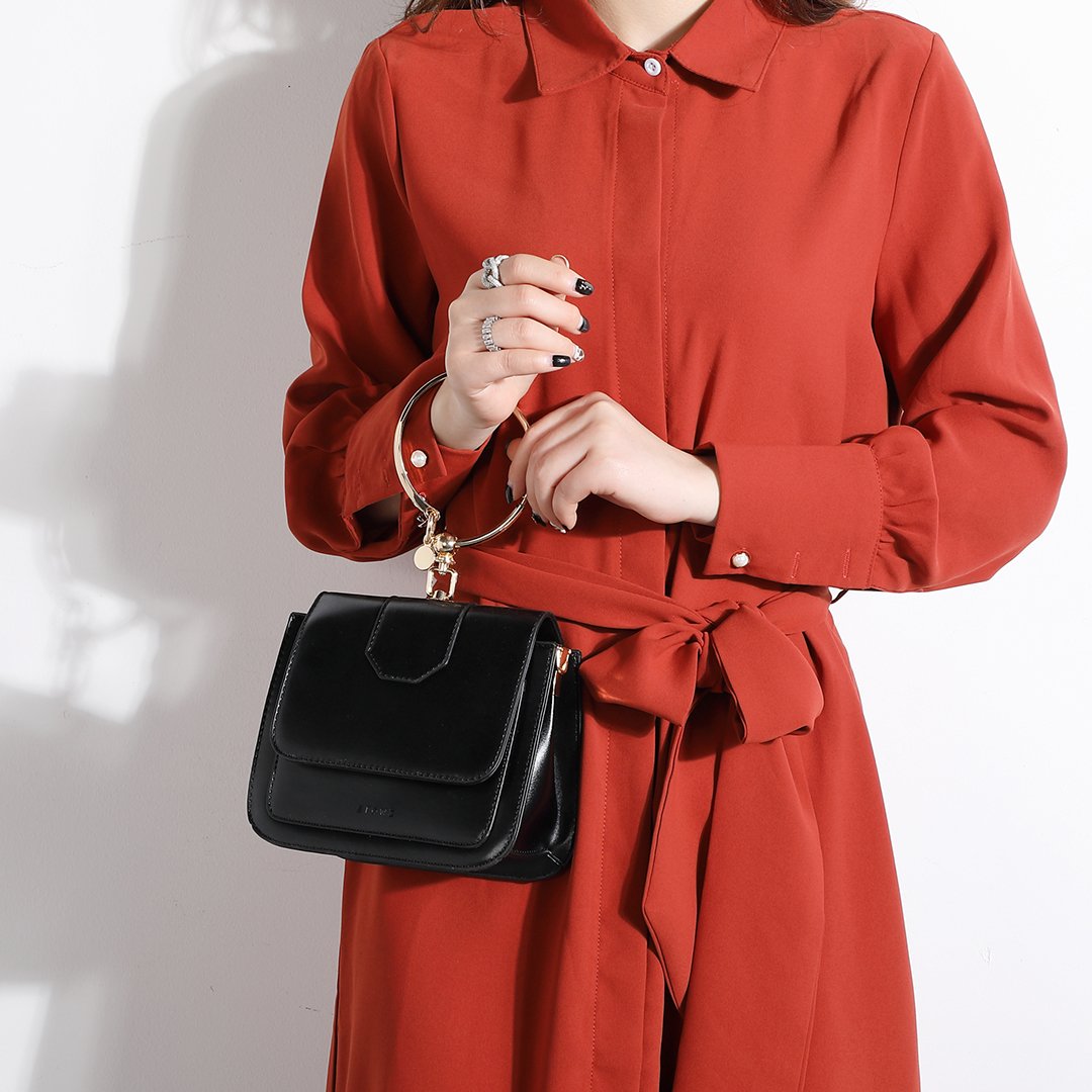 Ring handle dual compartment PU leather crossbody bag