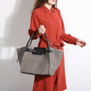 PU leather trim houndstooth trapeze canvas tote
