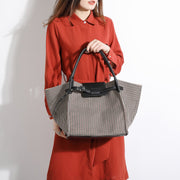 PU leather trim houndstooth trapeze canvas tote