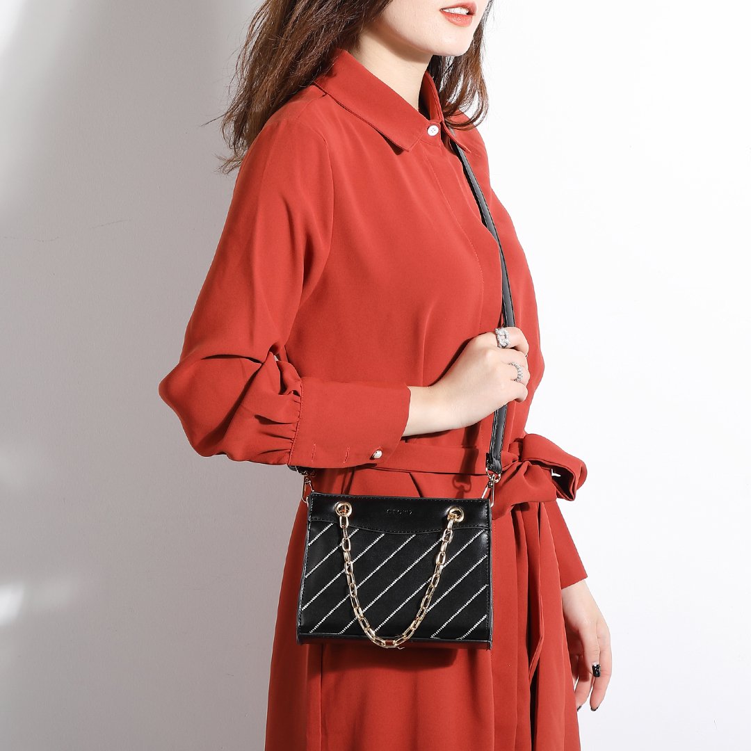Striped panel chain handle PU leather crossbody bag