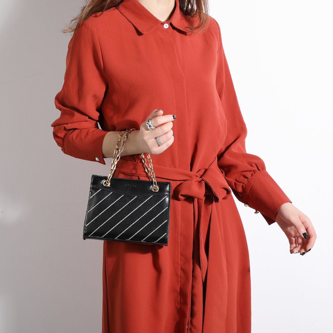 Striped panel chain handle PU leather crossbody bag