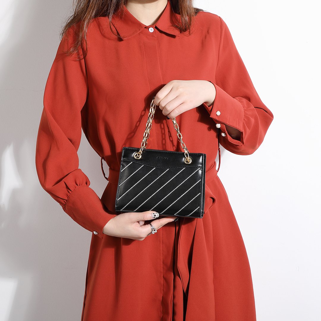 Striped panel chain handle PU leather crossbody bag