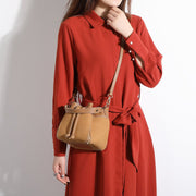 Zip detail drawstring dual compartment PU leather bucket bag