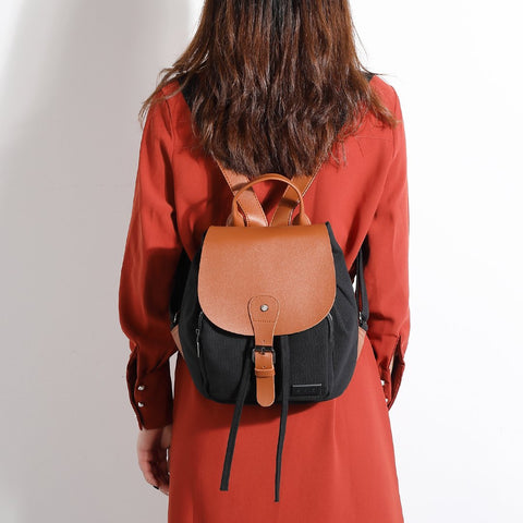 PU leather buckled strap flap small canvas backpack