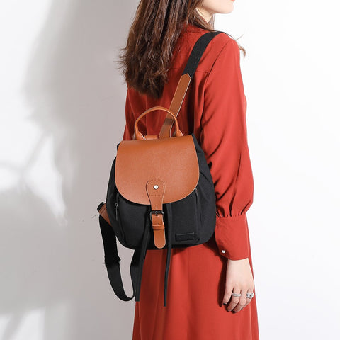 PU leather buckled strap flap small canvas backpack