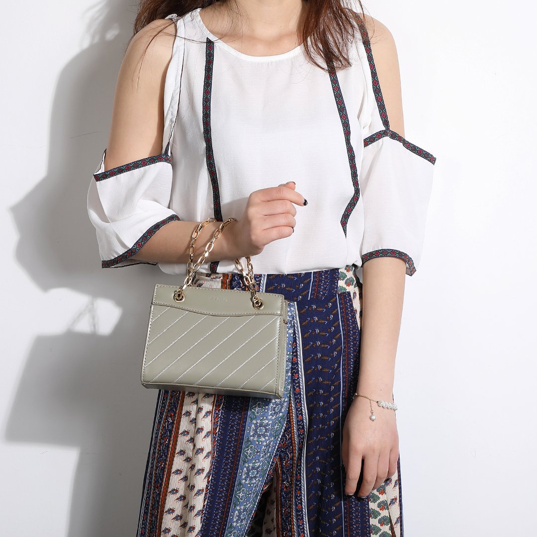 Striped panel chain handle PU leather crossbody bag
