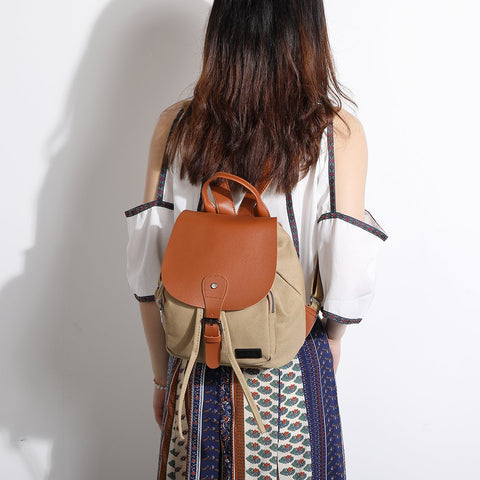 PU leather buckled strap flap small canvas backpack