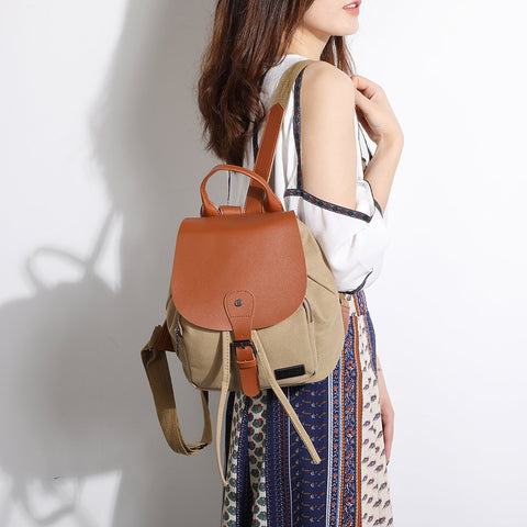 PU leather buckled strap flap small canvas backpack