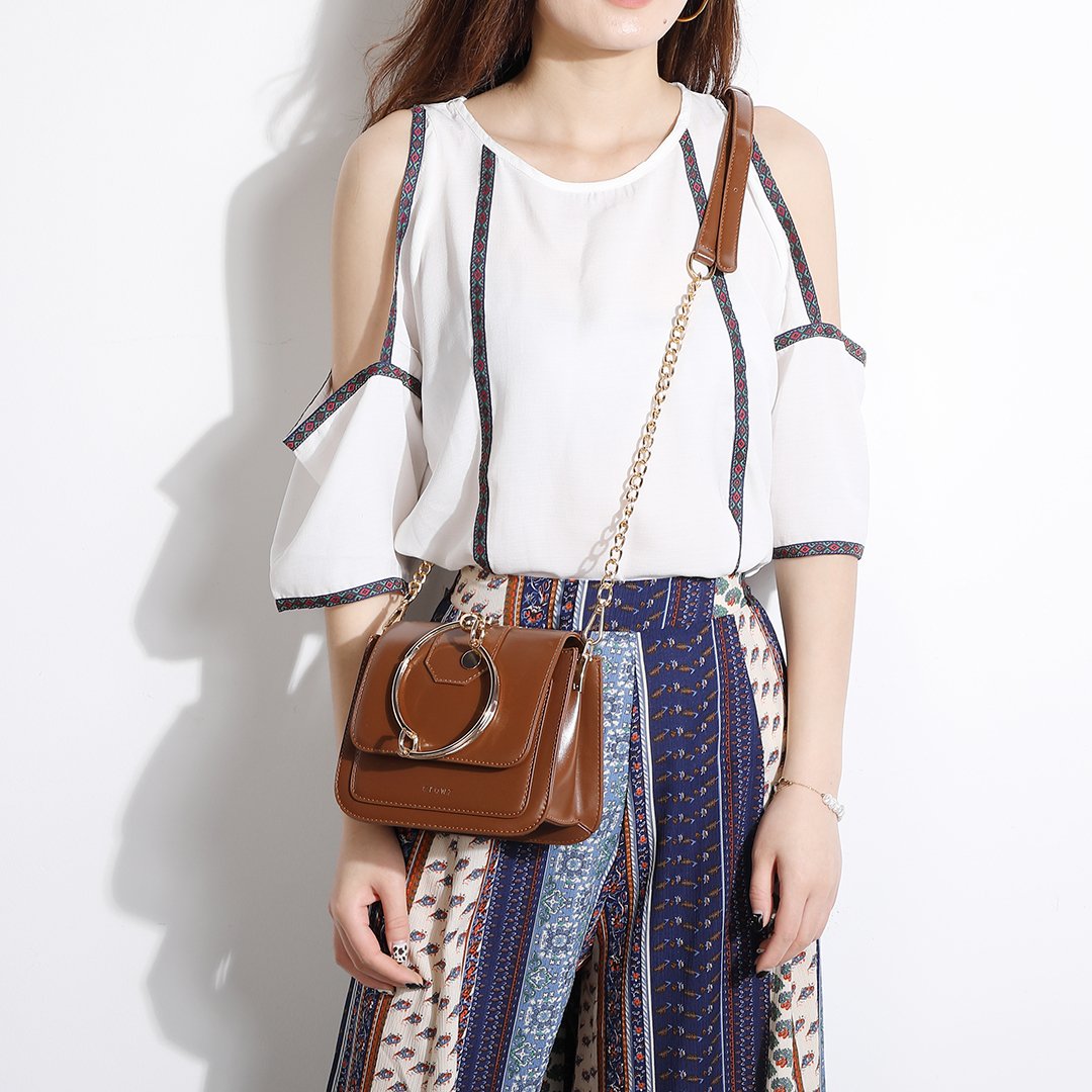 Ring handle dual compartment PU leather crossbody bag