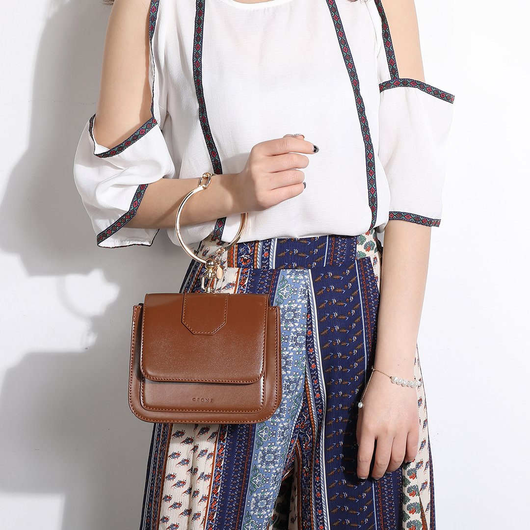 Ring handle dual compartment PU leather crossbody bag