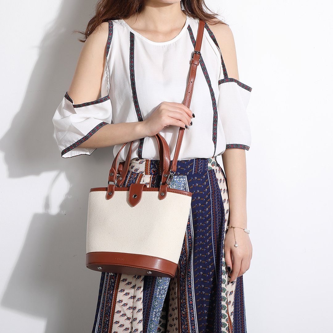 PU leather border canvas bucket bag 2-in-1 set