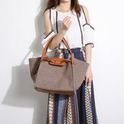 PU leather trim houndstooth trapeze canvas tote