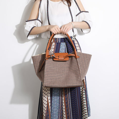 PU leather trim houndstooth trapeze canvas tote