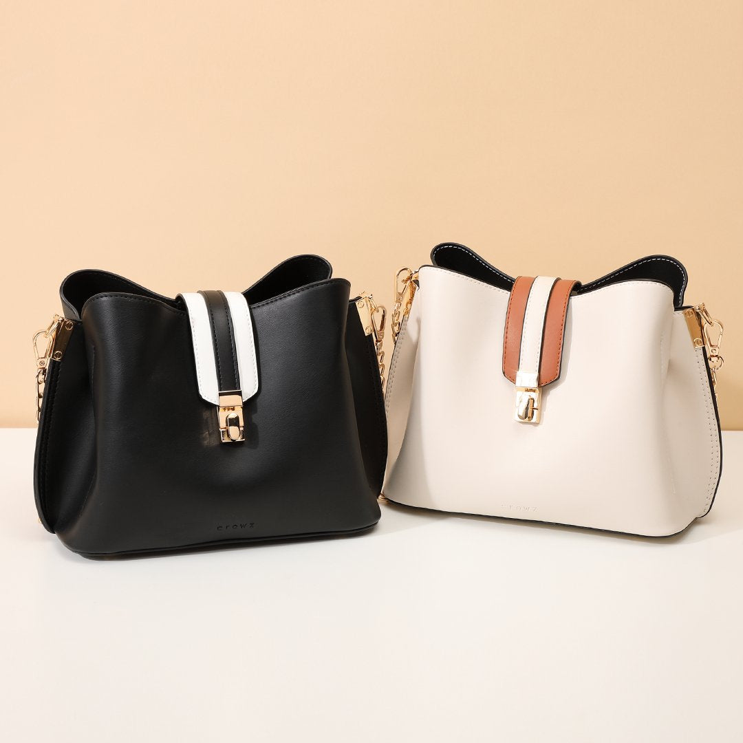 Striped strap PU leather bucket bag