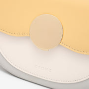 Circular hardware flap colourblock PU leather crossbody bag