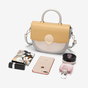 Circular hardware flap colourblock PU leather crossbody bag