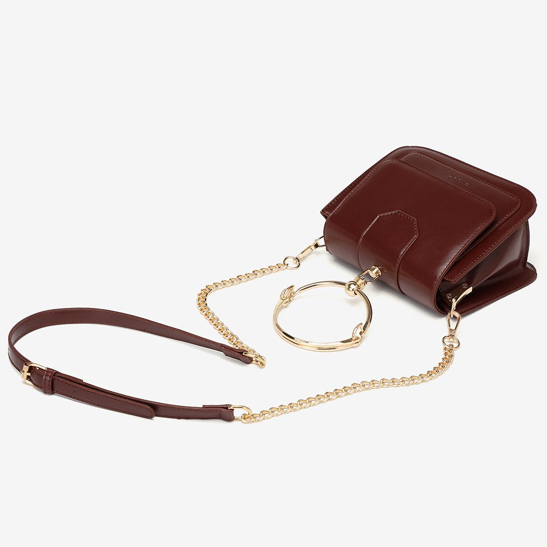 Ring handle dual compartment PU leather crossbody bag