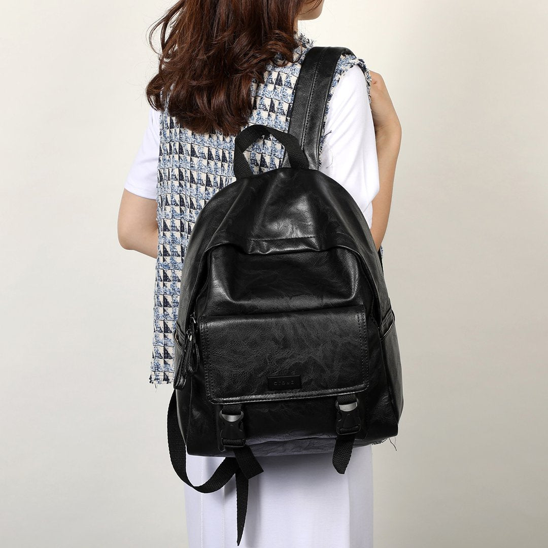 Buckled pocket marble-effect PU leather backpack