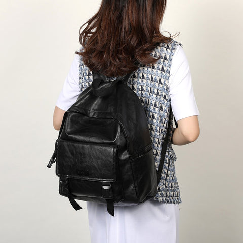 Buckled pocket marble-effect PU leather backpack