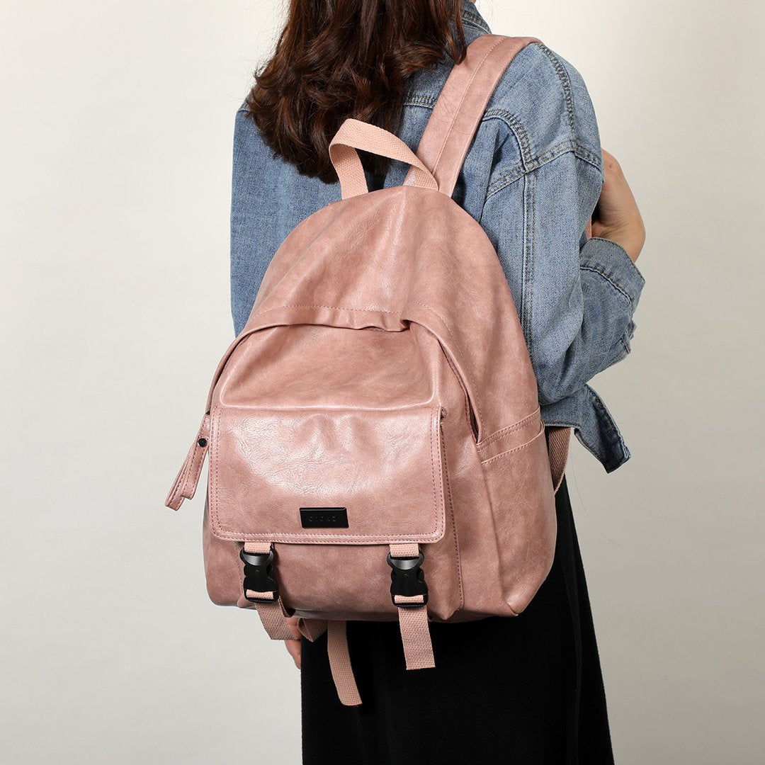 Buckled pocket marble-effect PU leather backpack