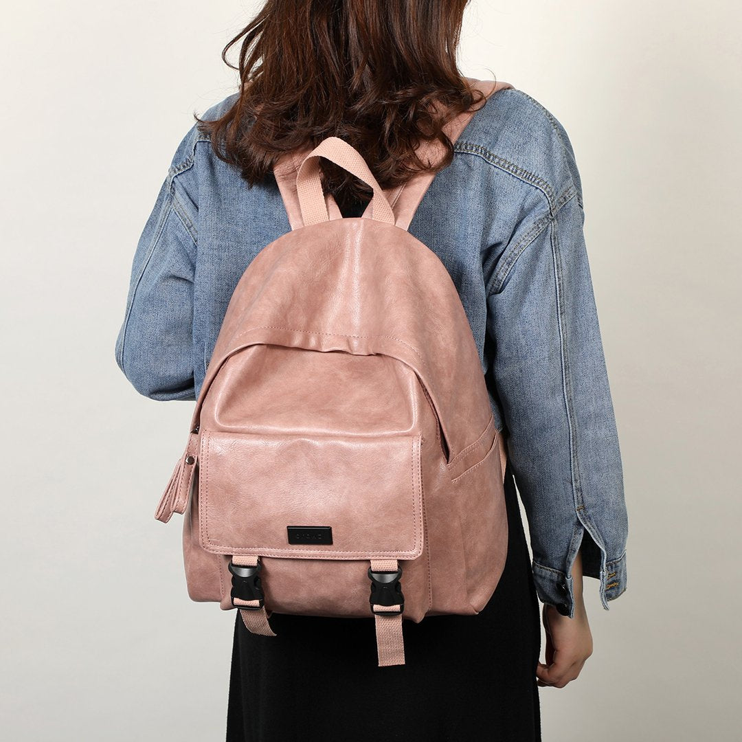 Buckled pocket marble-effect PU leather backpack