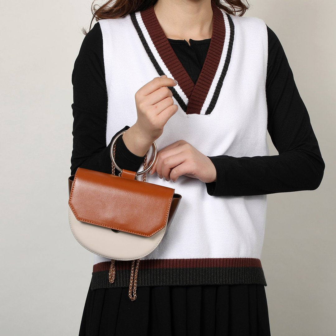 Ring handle colourblock half-moon bag