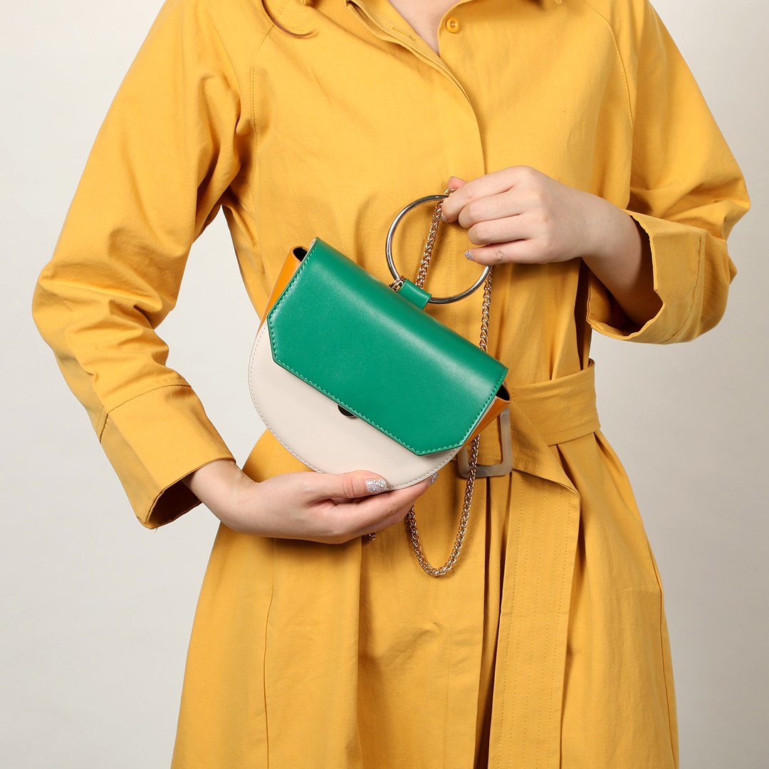 Ring handle colourblock half-moon bag