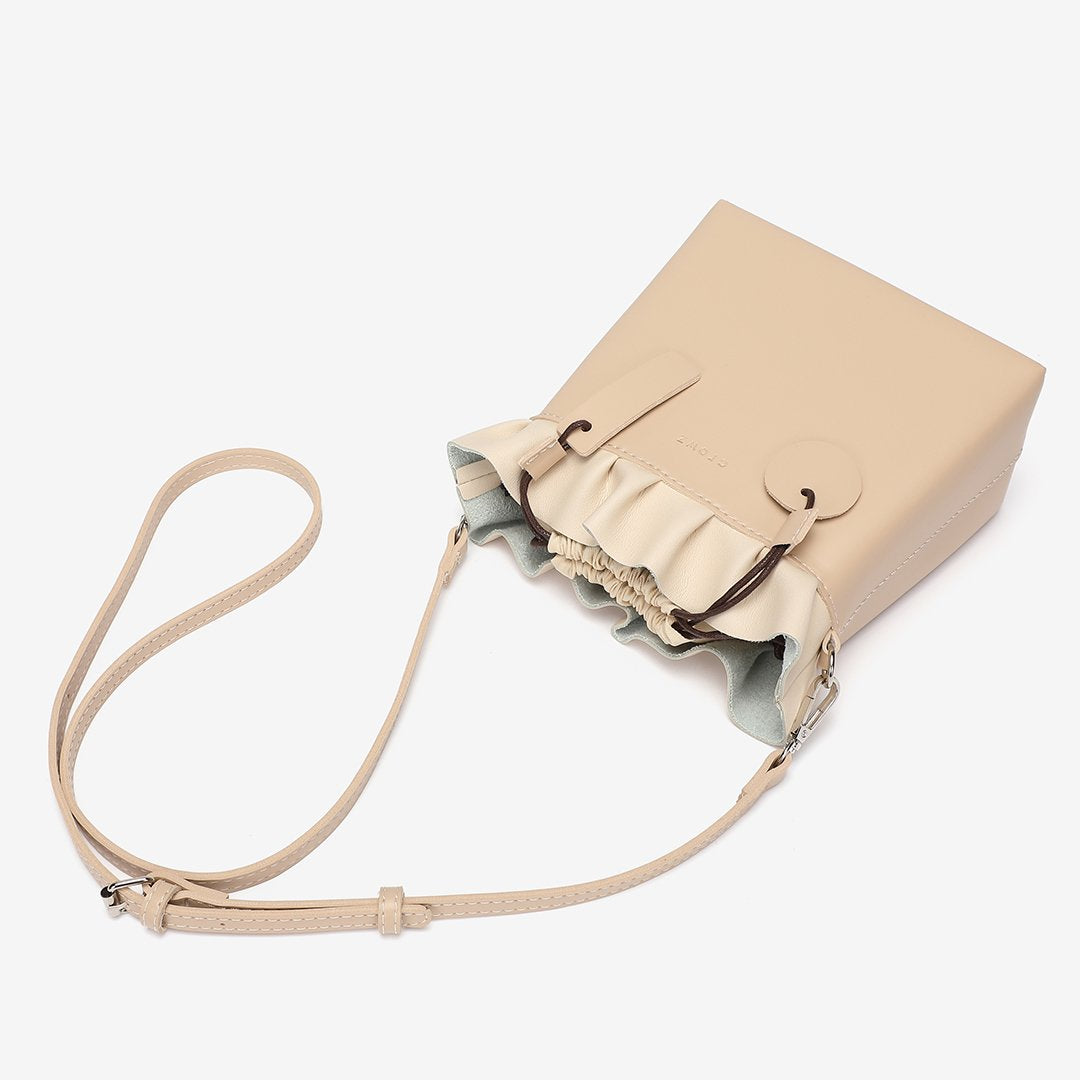 Ruffled top PU leather bucket bag